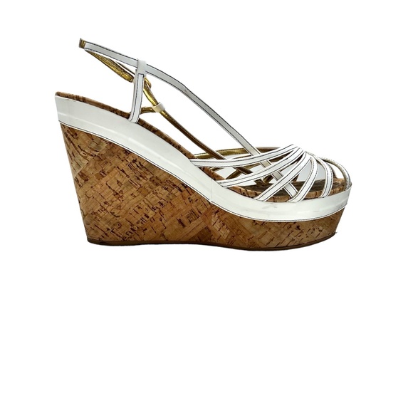 SERGIO ZELCER WHITE PATENT LEATHER & CORK BOTTOM SANDAL PLATFORM WEDGES - Picture 10 of 16